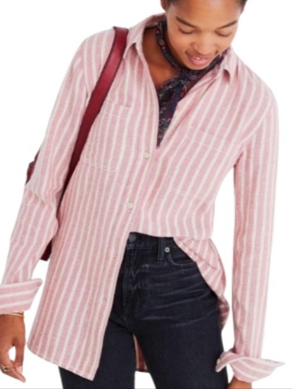 Madewell Ex-Boyfriend  Pink and White Striped Button Down Oversized Shirt-NWOT